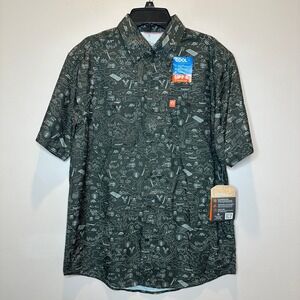 NWT American Outdoorsman Olive Green Camp Graphic UPF 40 Button Up Mens Small S